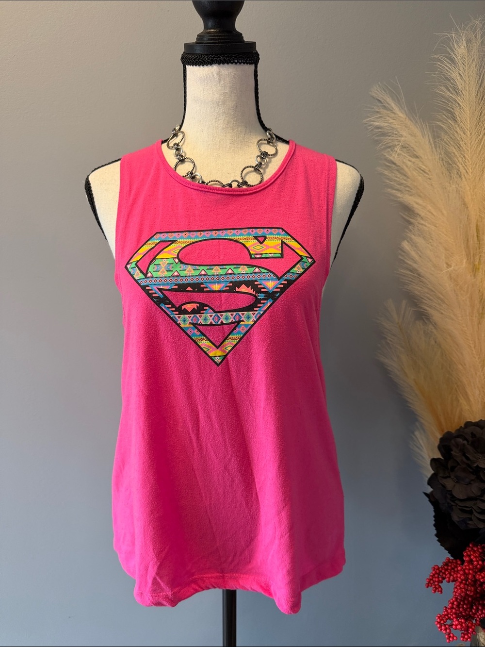 DC Comics Hot Pink Tank with Aztec Superman Logo